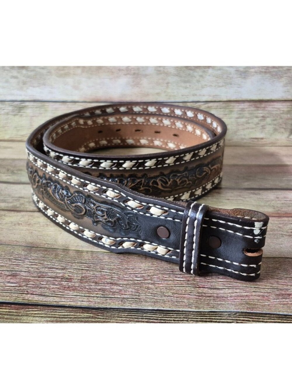 Nocona Hand Tooled Brown Leather Belt Mens 38 Western Whipstitch Name JIM